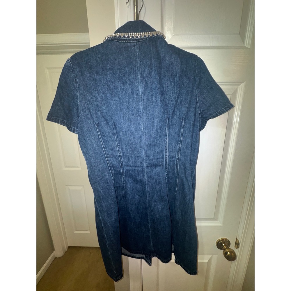 Self-Portrait Rhinestone Trim Denim Mini Dress Dark Wash Crystal Button US 12 - Picture 12 of 12